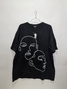 Boohoo Mens Black Short Sleeve Graphic Tee with White Line Art Faces